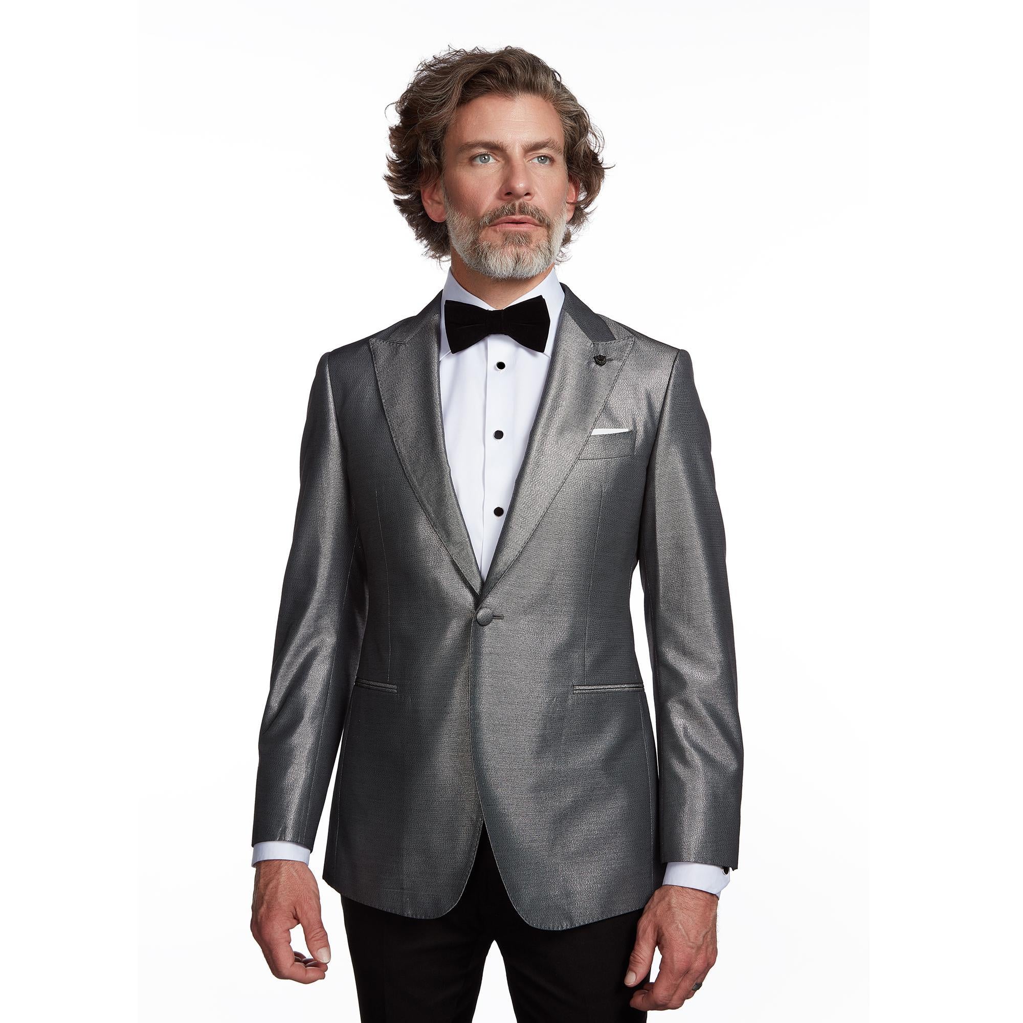 Silver Metallic Jacquard Suit Jacket - Main Image