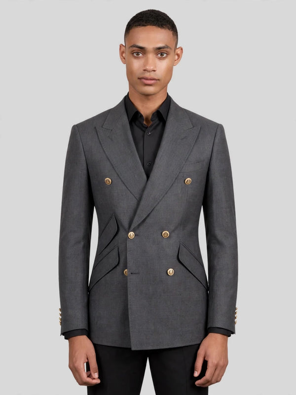 Charcoal Grey Gold-Button Slant-Flap Peak-Lapel Double-Breasted Suit Jacket 04