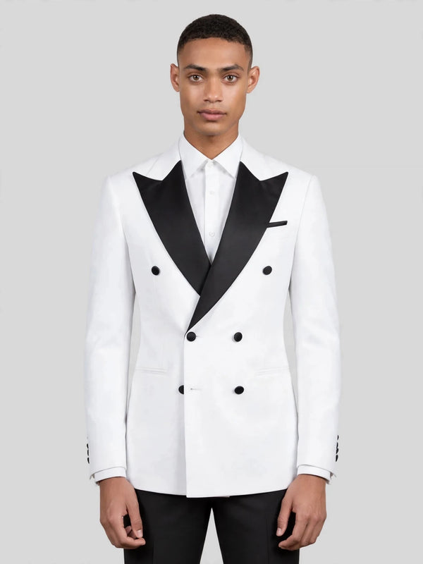 Snow White Black Satin Peak-Lapel Six-Button Double-Breasted Tuxedo Jacket 01