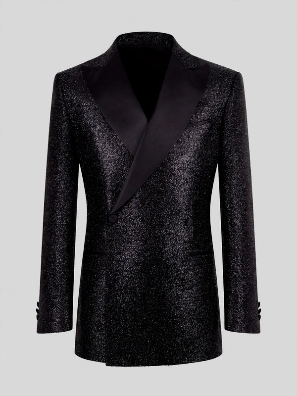 Onyx Silver-Speckle Satin Peak-Lapel Two-Button Double-Breasted Tuxedo Jacket 07