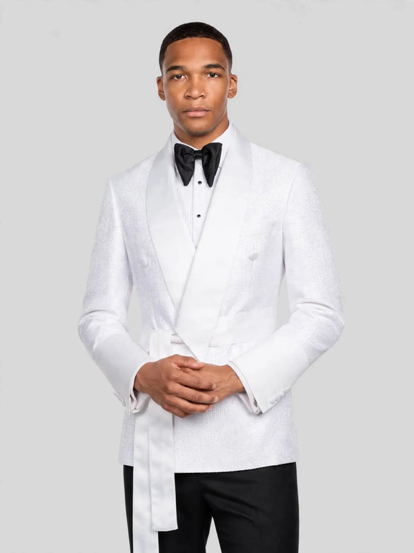 Snow White Micro-Dot Satin Shawl-Collar Belted Double-Breasted Tuxedo Jacket 02