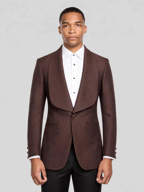 Chocolate Brown Diamond-Texture Shawl-Collar Tuxedo Jacket 01