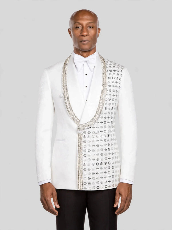 Ivory Silver Rope-Trim Crystal-Grid Shawl-Collar Double-Breasted Tuxedo Jacket - cover