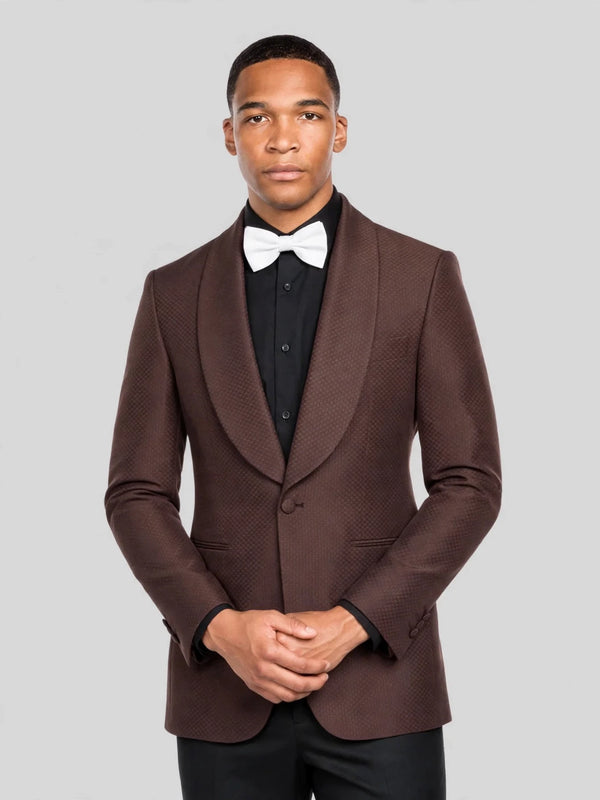 Chocolate Brown Diamond-Texture Shawl-Collar Tuxedo Jacket 05