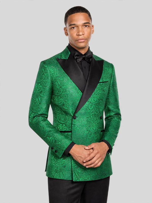 Emerald Paisley-Jacquard Satin Peak-Lapel Two-Button Double-Breasted Tuxedo Jacket 06
