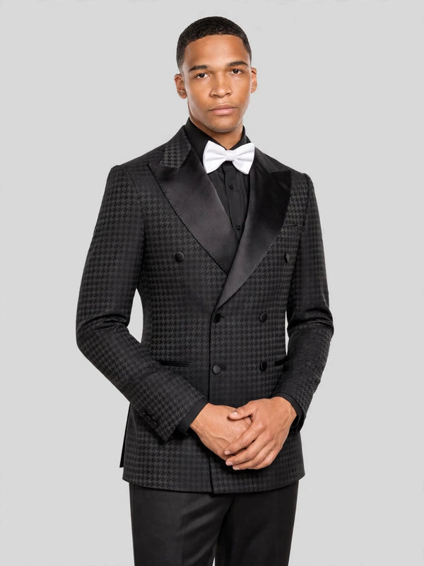 Onyx Black Houndstooth Satin Peak-Lapel Six-Button Double-Breasted Tuxedo Jacket 05