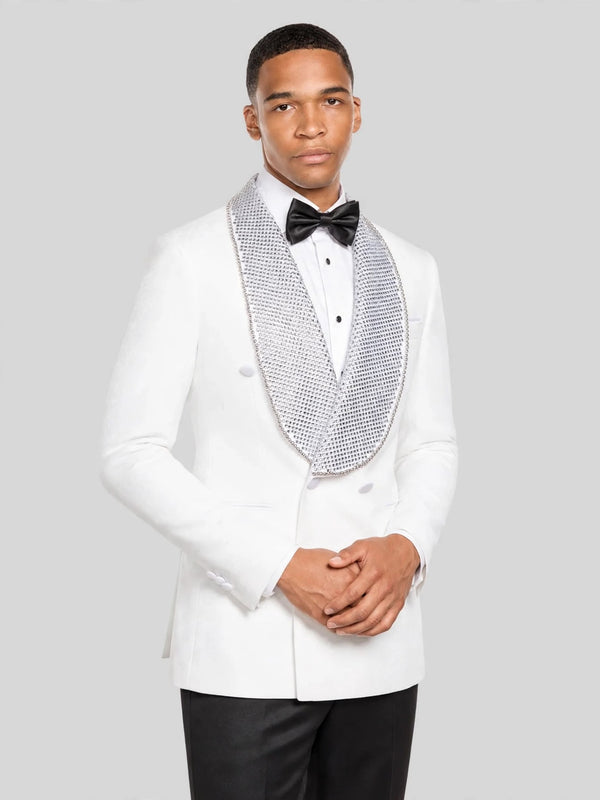 Ivory Crystal-Mesh Shawl-Collar Double-Breasted Tuxedo Jacket 02