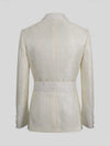 Ivory Cream Micro-Weave Satin Shawl-Collar Belted Double-Breasted Tuxedo Jacket 09