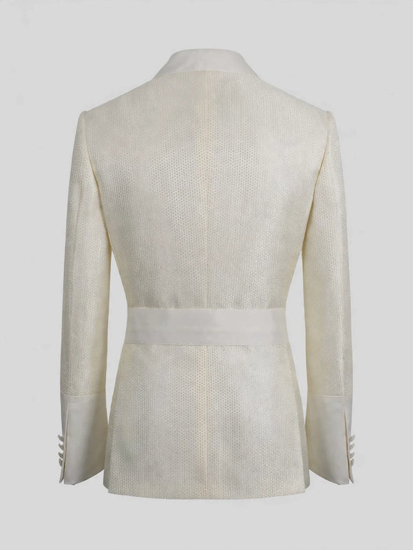 Ivory Cream Micro-Weave Satin Shawl-Collar Belted Double-Breasted Tuxedo Jacket 09