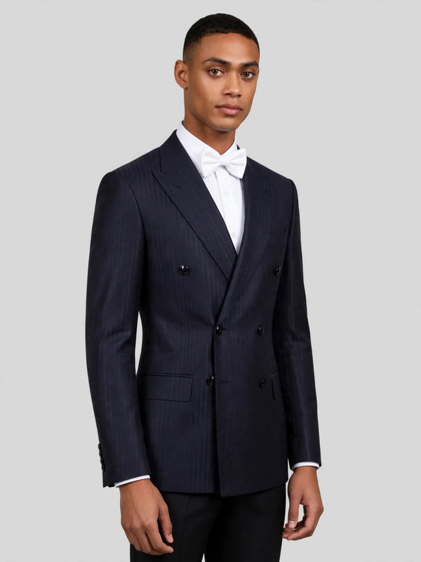 Midnight Navy Tonal Shadow-Stripe Six-Button Peak-Lapel Double-Breasted Suit Jacket 03