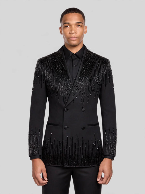 Onyx Jet Bead-Cascade Peak-Lapel Double-Breasted Tuxedo Jacket 04