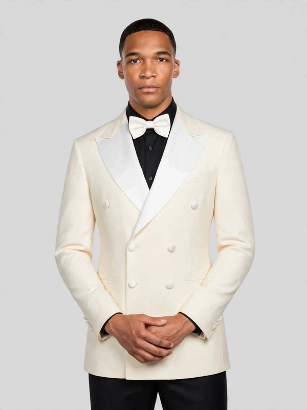 Cream White Satin Peak-Lapel Double-Breasted Tuxedo Jacket 05