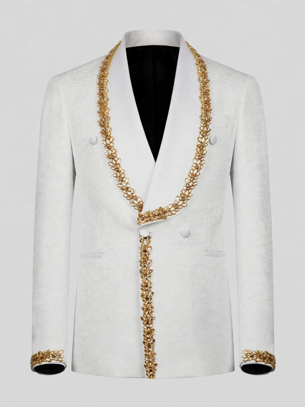 Ivory Gold Crystal-Trim Shawl-Collar Double-Breasted Tuxedo Jacket 07