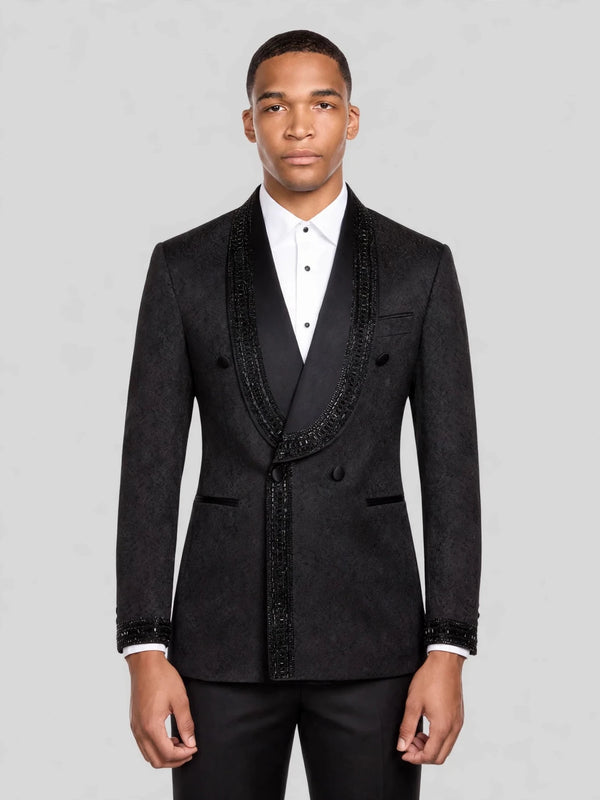 Onyx Jet Beaded-Trim Shawl-Collar Double-Breasted Tuxedo Jacket 01