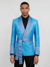 Turquoise Micro-Weave Dusty-Blue Satin Shawl-Collar Belted Double-Breasted Tuxedo Jacket 04