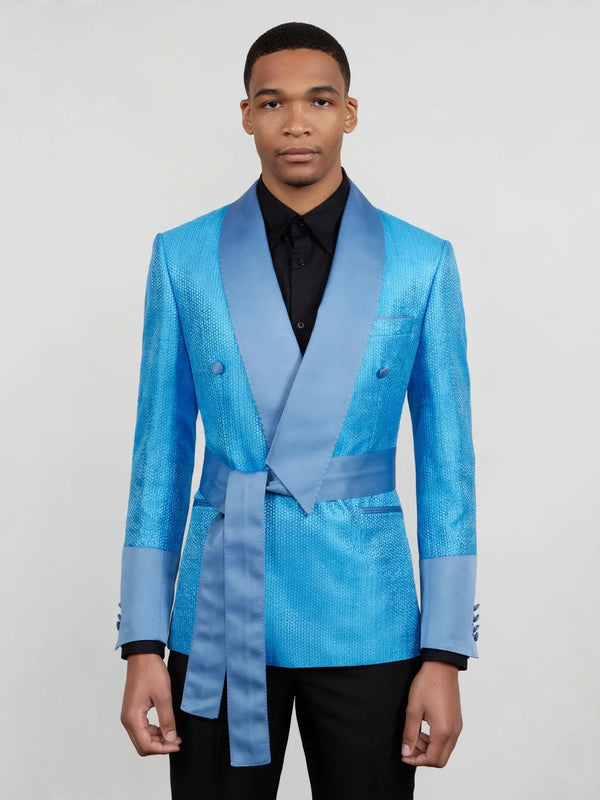 Turquoise Micro-Weave Dusty-Blue Satin Shawl-Collar Belted Double-Breasted Tuxedo Jacket 04