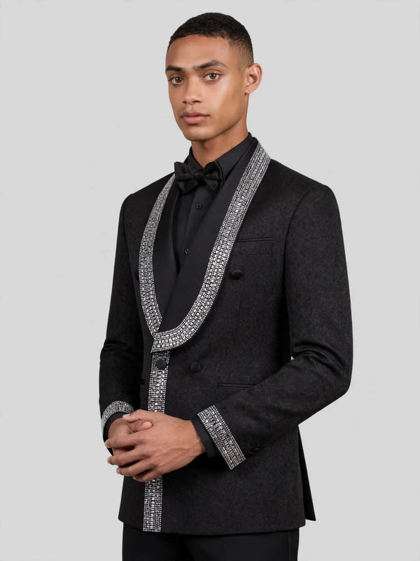 Onyx Silver Crystal-Mosaic Shawl-Collar Double-Breasted Tuxedo Jacket 06