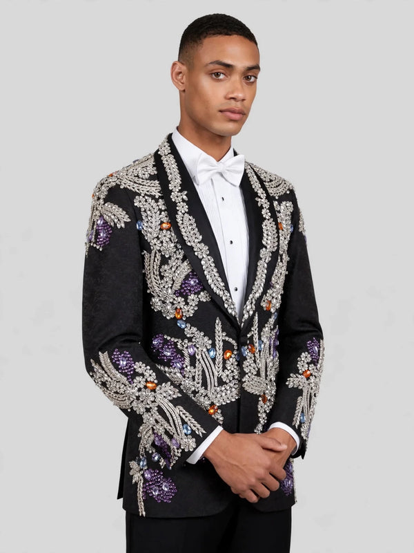 Onyx Silver Gem-Floral Shawl-Collar Tuxedo Jacket 03