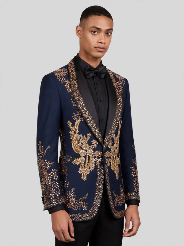 Midnight Navy Gold Crystal Floral Shawl-Collar Tuxedo Jacket 06
