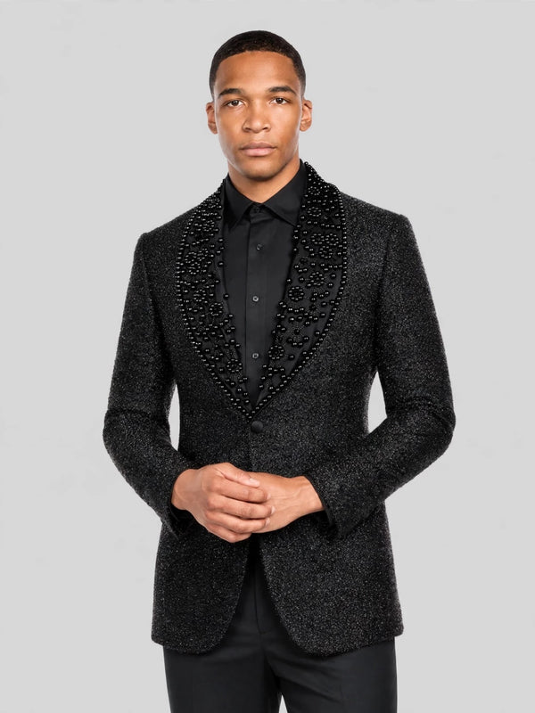 Onyx Jet Floral Shawl-Collar Tuxedo Jacket 04