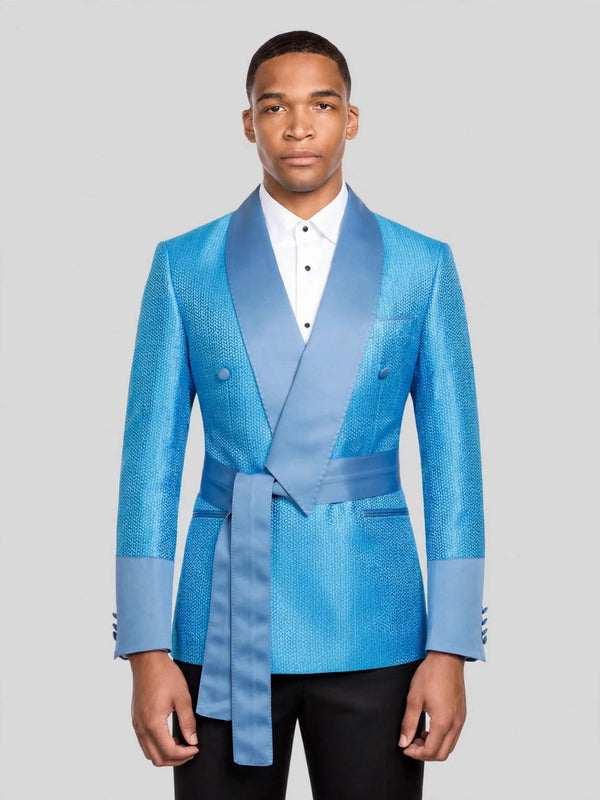 Turquoise Micro-Weave Dusty-Blue Satin Shawl-Collar Belted Double-Breasted Tuxedo Jacket 01