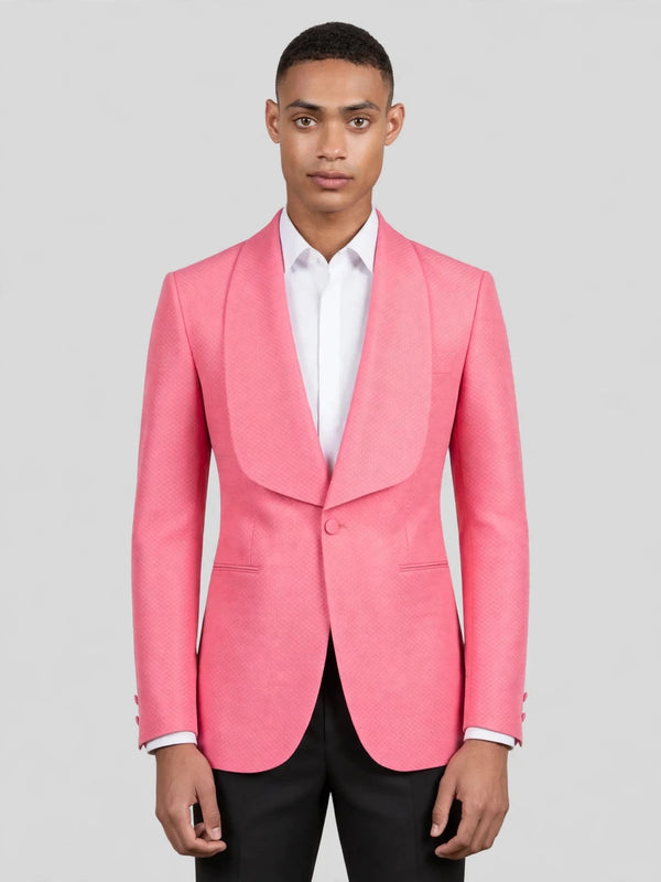 Coral Pink Diamond-Texture Shawl-Collar Tuxedo Jacket 01