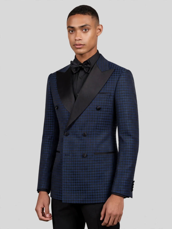 Navy Black Houndstooth Satin Peak-Lapel Double-Breasted Tuxedo Jacket 06