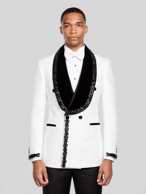 Ivory Jet-Leaf Velvet Shawl-Collar Double-Breasted Tuxedo Jacket 03