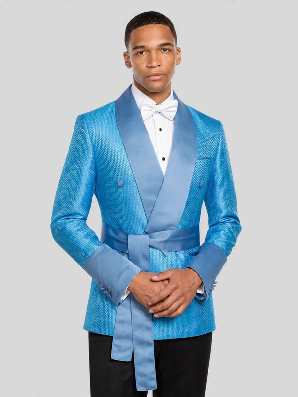 Turquoise Micro-Weave Dusty-Blue Satin Shawl-Collar Belted Double-Breasted Tuxedo Jacket 03