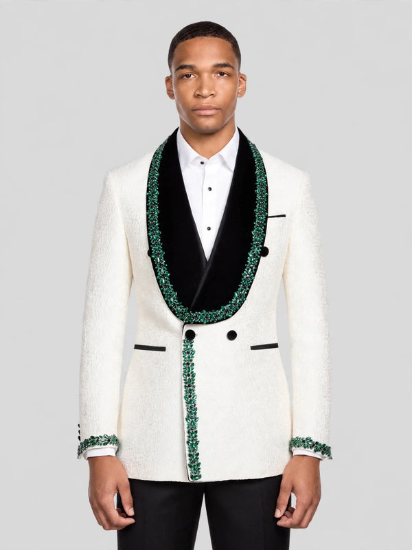 Ivory Emerald-Leaf Velvet Shawl-Collar Double-Breasted Tuxedo Jacket 01