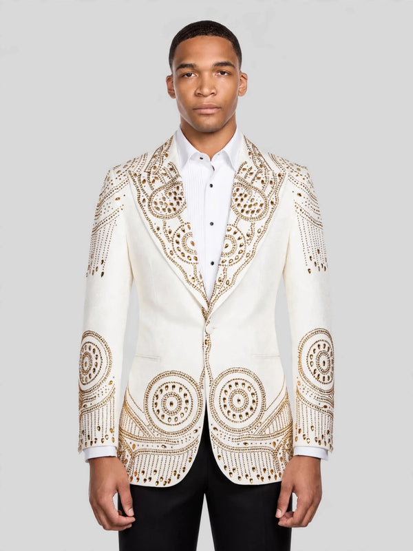 Ivory Gold Crystal Medallion Peak-Lapel Tuxedo Jacket 01