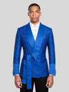 Royal Blue Ribbed-Weave Satin Shawl-Collar Sash-Belt Two-Button Double-Breasted Tuxedo Jacket 01