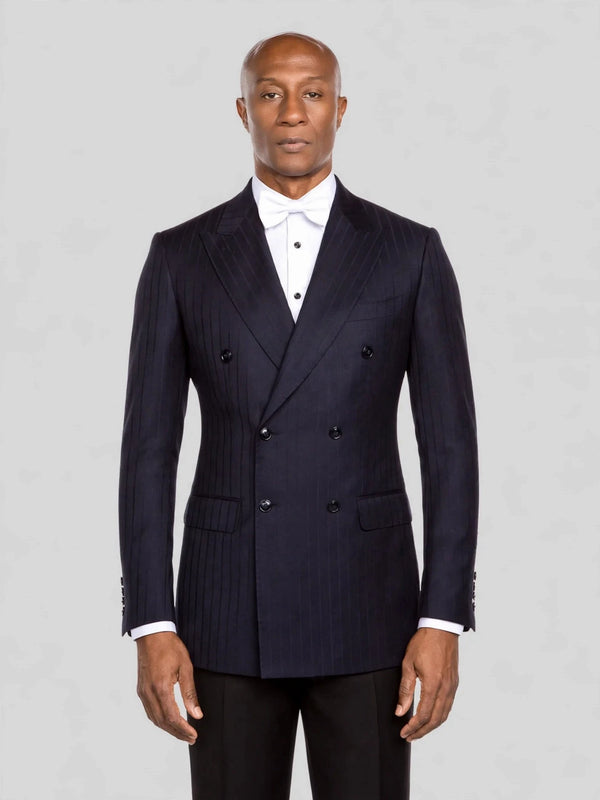 Deep Midnight Navy Pinstripe Six-Button Peak-Lapel Double-Breasted Suit Jacket - cover
