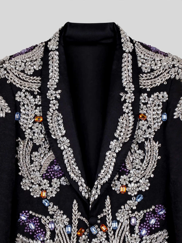 Onyx Silver Gem-Floral Shawl-Collar Tuxedo Jacket 08