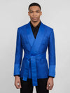 Royal Blue Ribbed-Weave Satin Shawl-Collar Sash-Belt Two-Button Double-Breasted Tuxedo Jacket 04