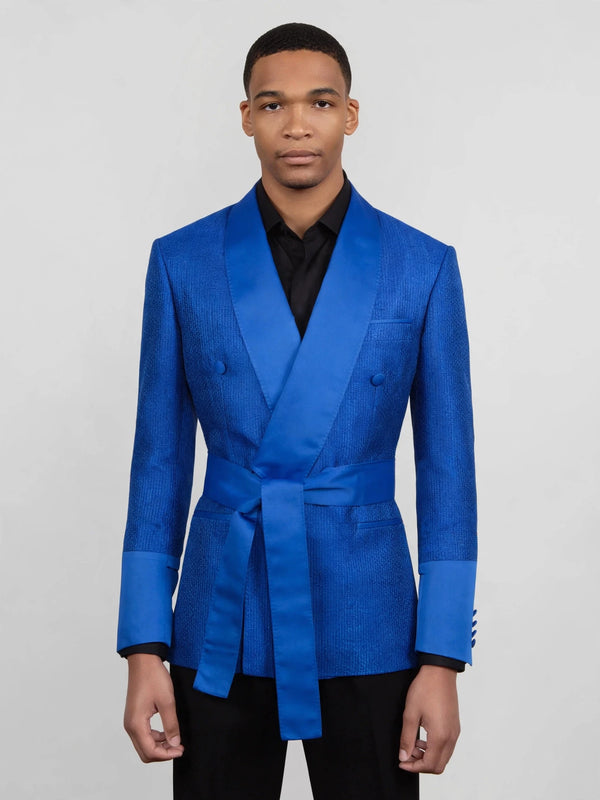 Royal Blue Ribbed-Weave Satin Shawl-Collar Sash-Belt Two-Button Double-Breasted Tuxedo Jacket 04