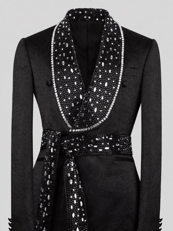 Onyx Silver Crystal Belted Shawl-Collar Double-Breasted Tuxedo Jacket 08