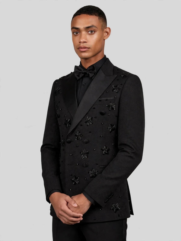 Onyx Jet Star-Bead Peak-Lapel Double-Breasted Tuxedo Jacket 06