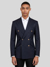 Midnight Navy Gold-Button Slant-Flap Peak-Lapel Double-Breasted Suit Jacket 01