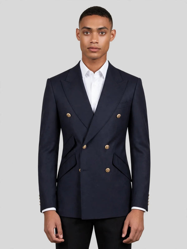 Midnight Navy Gold-Button Slant-Flap Peak-Lapel Double-Breasted Suit Jacket 01