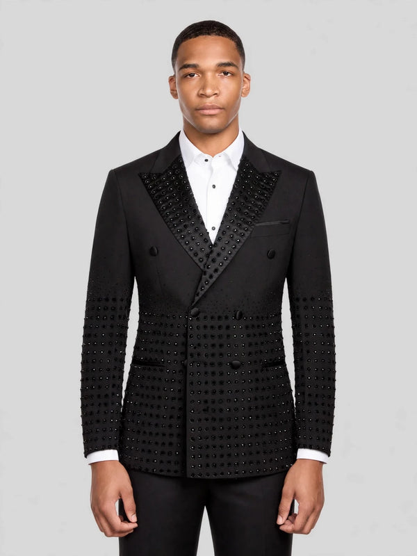 Onyx Jet Beaded-Grid Peak-Lapel Double-Breasted Tuxedo Jacket 01