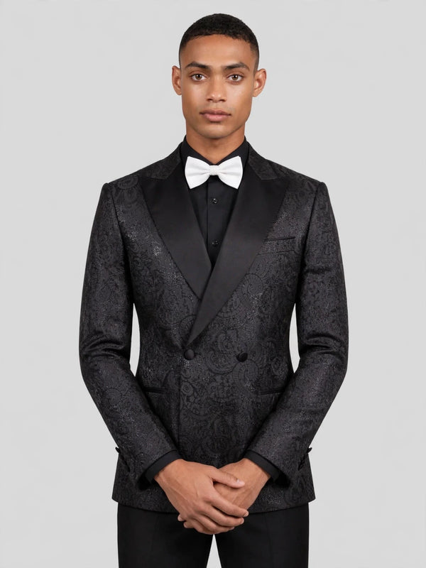 Onyx Tonal Paisley Satin Peak-Lapel Double-Breasted Tuxedo Jacket 05