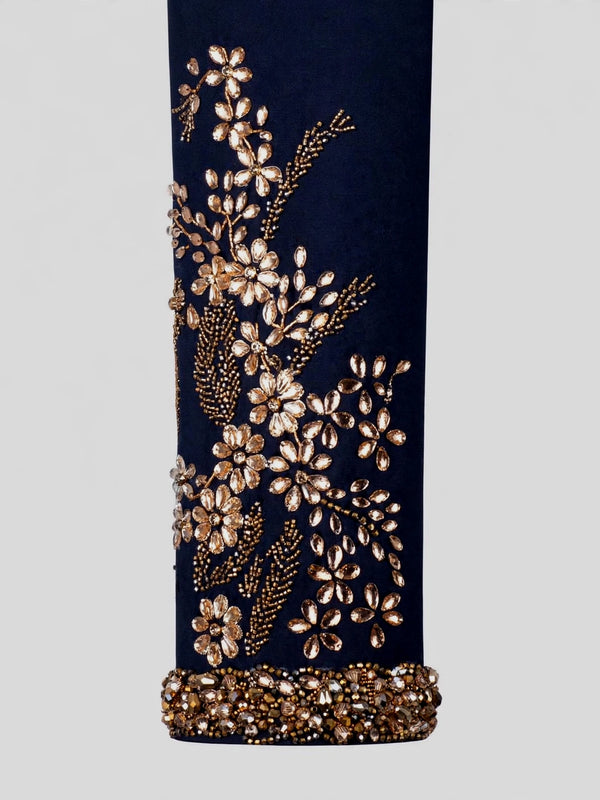 Midnight Navy Gold Crystal Floral Shawl-Collar Tuxedo Jacket 10