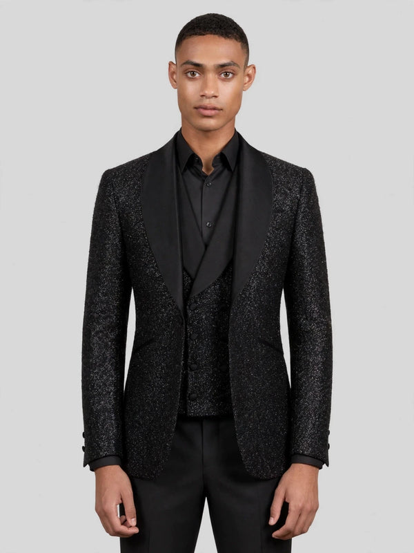 Onyx Glitter-Tweed Satin Shawl-Collar Tuxedo Jacket 04