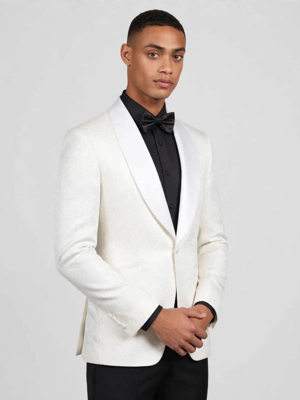 Ivory Diamond-Texture Satin Shawl-Collar Tuxedo Jacket 06