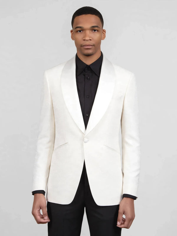 Ivory Grain-Textured Wide Shawl-Collar Tuxedo Jacket 04