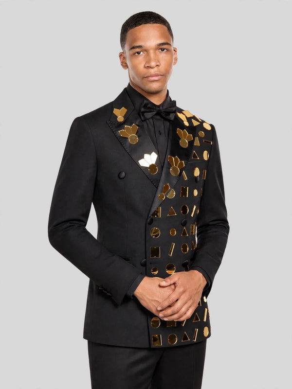 Onyx Gold Geometric Mirror Peak-Lapel Double-Breasted Tuxedo Jacket 06