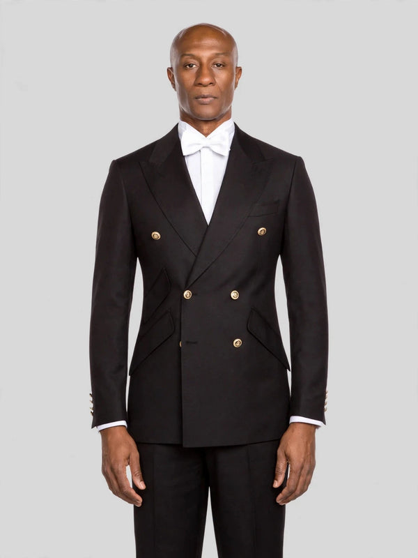 Onyx Gold-Button Slant-Flap Peak-Lapel Double-Breasted Suit Jacket - cover
