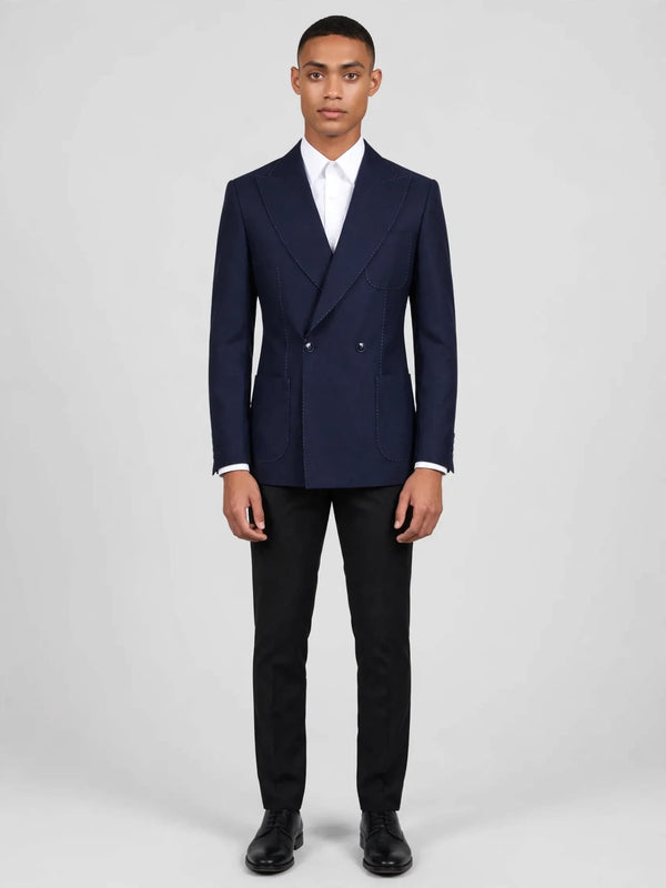 Midnight Navy Bold Pick-Stitch Patch-Pocket Peak-Lapel Double-Breasted Tuxedo Jacket 01