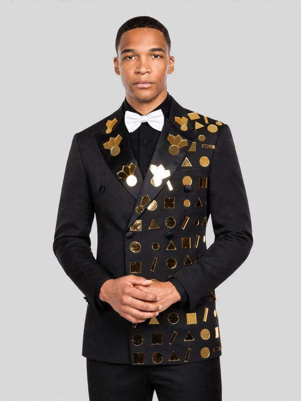 Onyx Gold Geometric Mirror Peak-Lapel Double-Breasted Tuxedo Jacket 05